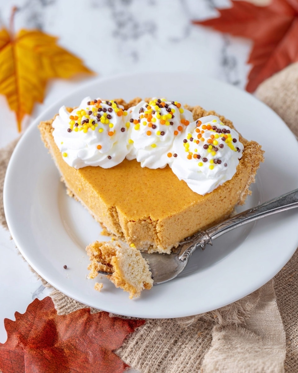 A slice of pumpkin pie on a white plate shows three main layers: a light brown crumb crust at the bottom, a smooth orange pumpkin filling in the middle, and white whipped cream dollops with yellow, orange, and brown round sprinkles on top. The pie slice has a small bite taken from the tip, and a silver fork with some pie on it rests just below the slice on the plate. The background has autumn-colored leaves and a white marbled surface with a piece of beige burlap fabric partially visible. Photo taken with an iphone --ar 4:5 --v 7