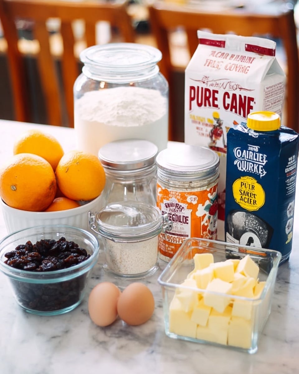 The image shows a white marble surface with various baking ingredients arranged neatly. There are three fresh oranges on the left, next to a white bowl holding three brown eggs. Behind the eggs is a tall clear jar filled with white powdered sugar labeled