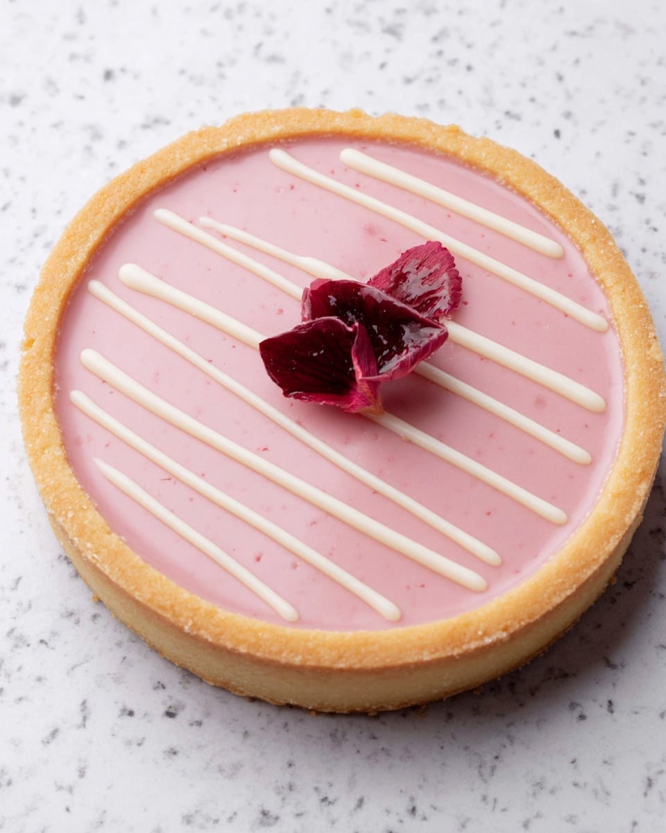 A single-layer round tart with a smooth, light pink filling that fills the golden-brown crust evenly, topped with several thin, white lines of drizzle running horizontally near the top edge, and a small dark red edible flower placed slightly off-center on the tart surface, all set on a white marbled texture. Photo taken with an iphone --ar 4:5 --v 7