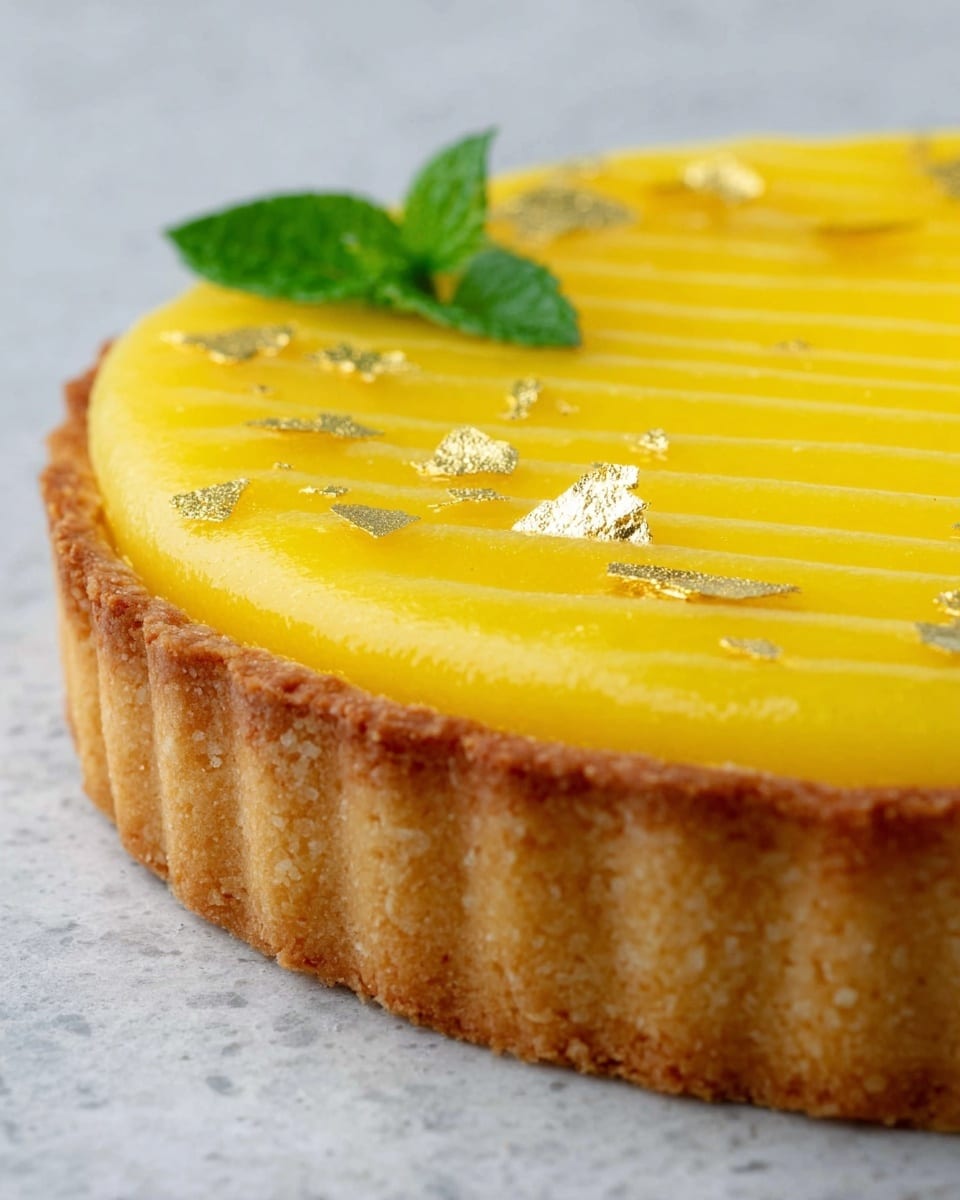 A close-up of a round tart resting on a white marbled surface, showing two main layers: a thick, golden-brown crust at the bottom with a rough texture, and a bright yellow, smooth top layer with ridged patterns running horizontally. The yellow layer is decorated with small flakes of shiny gold and a green leaf garnish placed near the top edge. Photo taken with an iphone --ar 4:5 --v 7