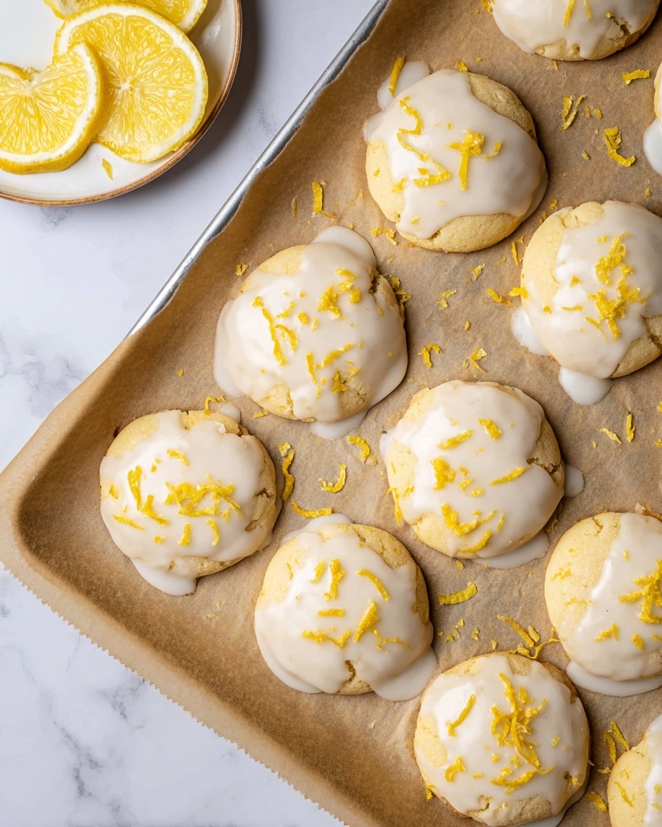 The image shows a baking tray lined with brown parchment paper holding 12 round lemon cookies. Each cookie is light yellow with a soft, slightly bumpy texture and topped with a smooth white glaze that drips slightly down the sides. Bright yellow lemon zest is scattered across the glaze on each cookie, adding a fresh, textured detail. The tray sits on a white marbled surface, and in the top left corner, part of a white plate with two lemon slices is visible. Photo taken with an iphone --ar 4:5 --v 7