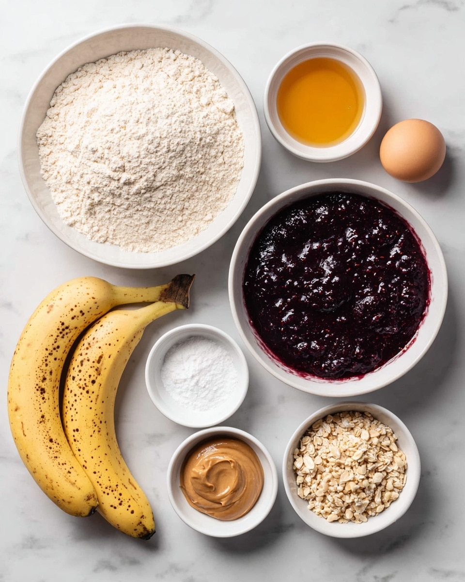 The image shows eight containers of ingredients arranged neatly on a white marbled surface. On the left is a large white bowl filled with light flour-like powder. To its right, there is a large white bowl with a thick dark purple berry sauce with visible seeds and a shiny texture. Above the sauce, a tiny white bowl holds golden honey. To the right of the honey is another small white bowl, this one with white salt. Below the flour, a small white bowl contains crushed nuts that look pale and rough in texture. Next to that is a small white bowl with light brown creamy peanut butter, smooth and shiny. Below is a tiny white bowl of clear dark amber vanilla extract. Two ripe spotted yellow bananas sit in the middle right of the image. On the far right, there is a white bowl holding a single light brown egg. The photo is taken with an iphone --ar 4:5 --v 7
