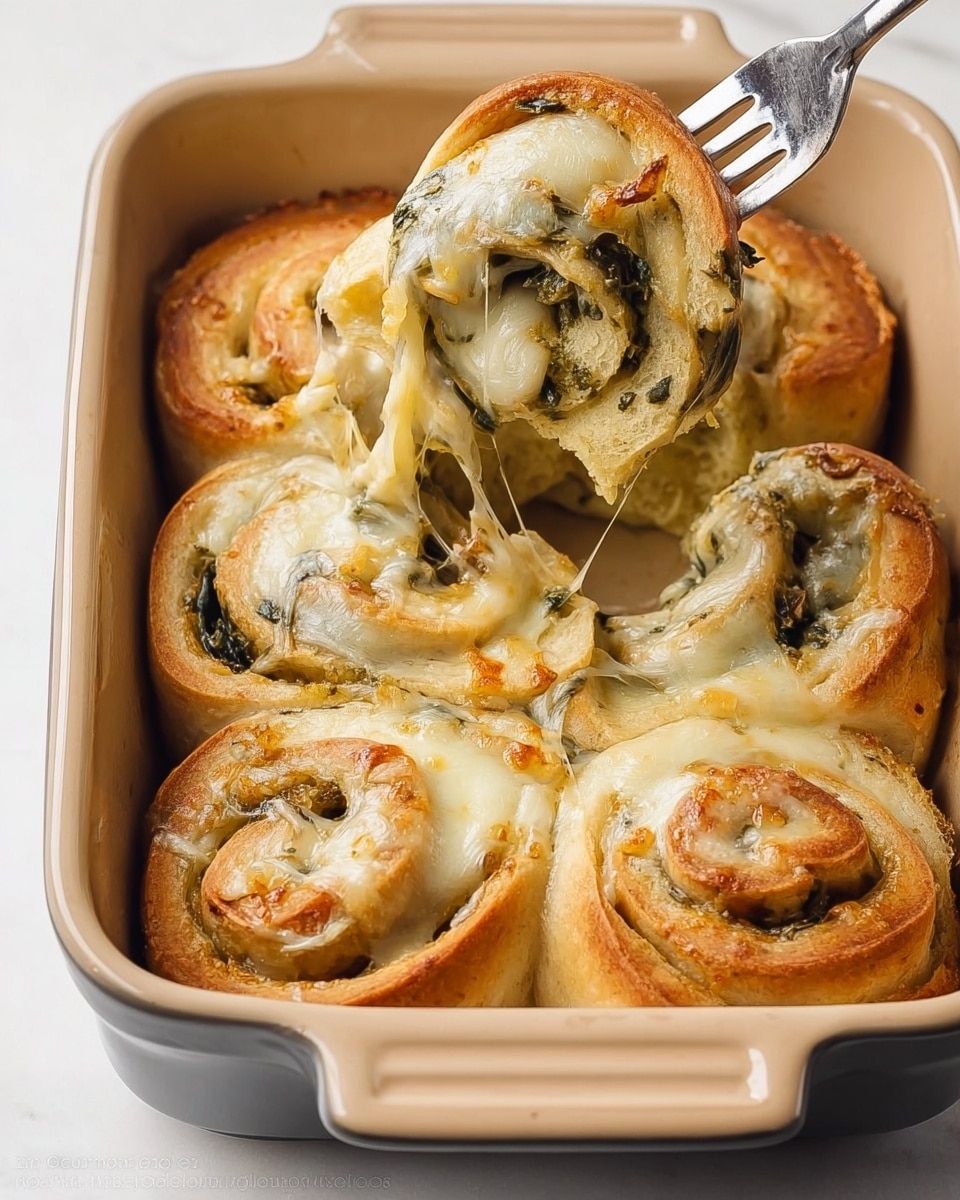 A white baking dish holds five golden brown rolls with melted cheese oozing out, showing gooey layers inside. The rolls are soft and fluffy with visible green herbs and thin slices of a reddish ingredient inside. One roll is slightly pulled away with a silver fork, stretching melted cheese in thick strands. The dish sits on a white marbled surface, with a woman's hand holding the fork. In the background, there is a blurred package of crescent dough and a jar of green herbs. photo taken with an iphone --ar 4:5 --v 7