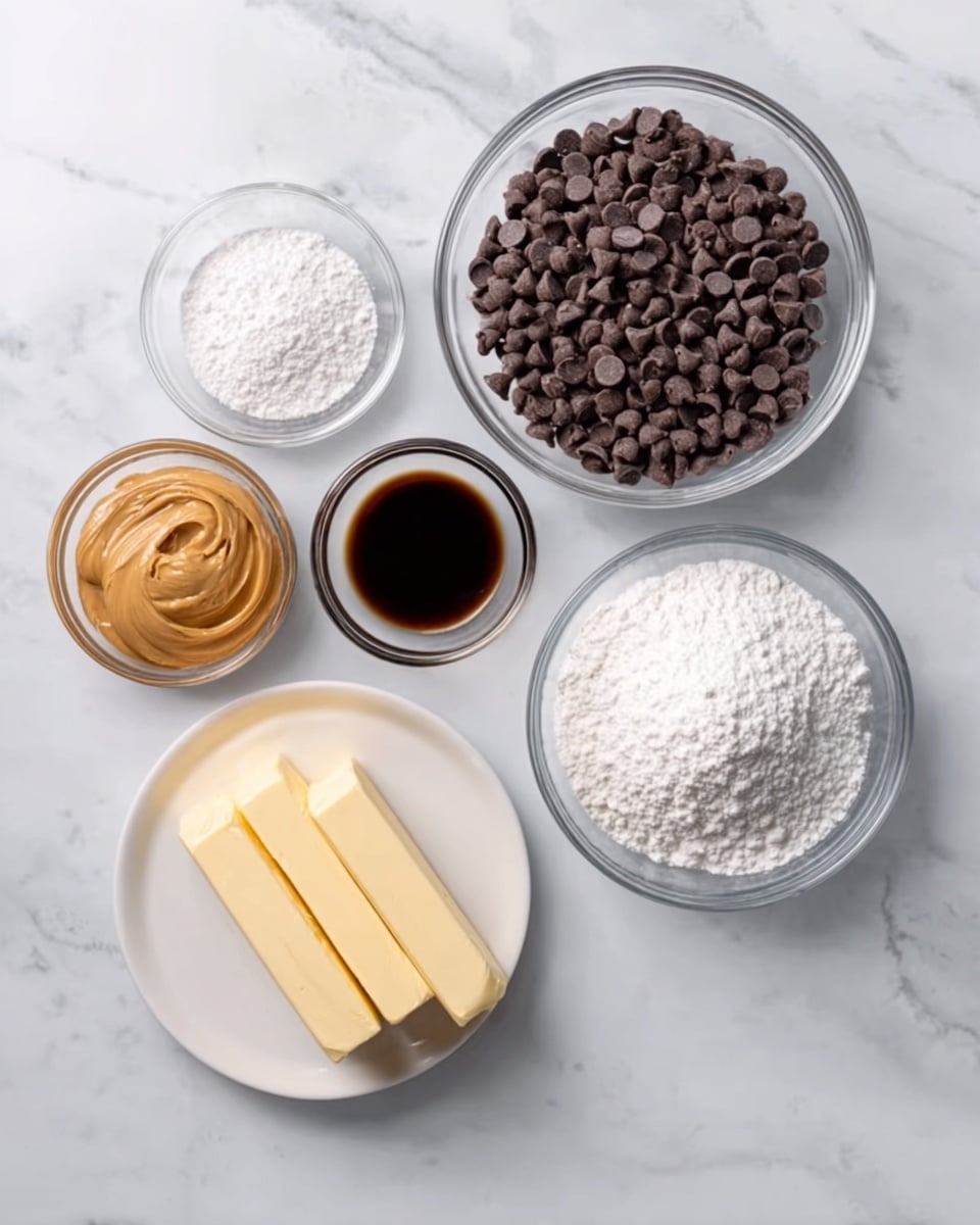 The image shows five clear glass bowls arranged on a white marbled surface. In the top center, there is a large bowl full of dark brown chocolate chips. To its right, a medium bowl filled with white powdered sugar is placed. Below the chocolate chips, there is a small bowl with dark brown vanilla extract. To the left side, a small bowl contains light brown peanut butter with a smooth creamy texture. At the bottom center, a white plate holds two sticks of pale yellow butter side by side. The overall scene has a clean, simple layout with soft natural light. Photo taken with an iphone --ar 4:5 --v 7