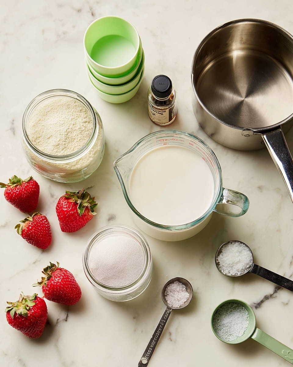 The image shows an arrangement of cooking ingredients on a white marbled surface. At the top right, there is a silver pot with a black handle. Near the center, a clear glass measuring cup filled with white liquid sits next to a wide glass jar also with white liquid. Around these, there are five fresh red strawberries with green stems scattered. To the left side, there are two light green plastic measuring cups stacked inside each other, a small bottle of dark vanilla extract, and a larger glass jar filled with granulated white sugar. Near the bottom right, there are small metal and green ceramic measuring spoons containing coarse salt. The overall scene is bright and clean, showing the raw ingredients before cooking photo taken with an iphone --ar 4:5 --v 7