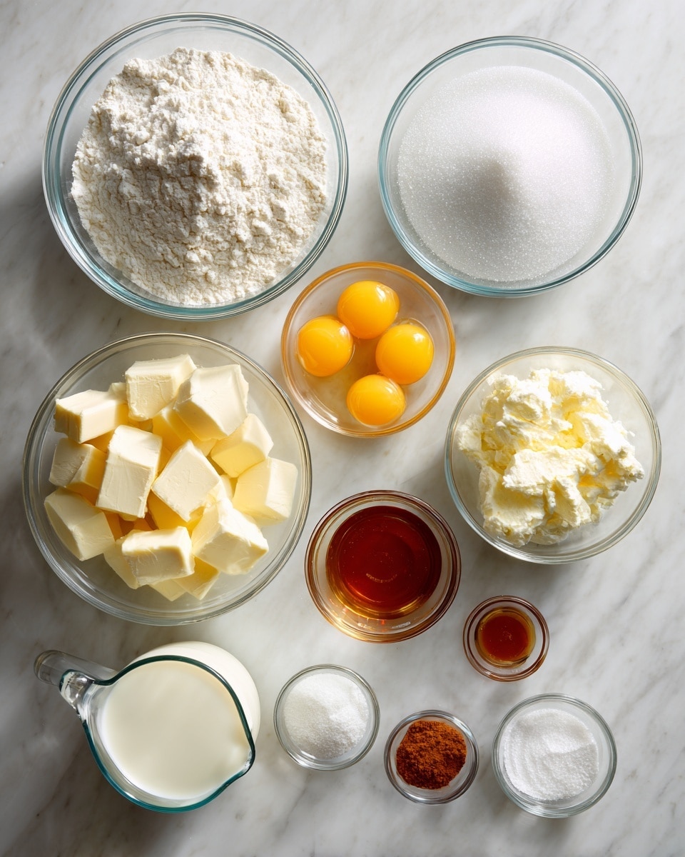 The image shows eight glass bowls and a glass measuring cup placed on a white marbled surface. At the top left, there is a large bowl filled with white flour that has a soft, powdery texture. To the top right, another large bowl contains granulated white sugar with a smooth, even layer. Below the flour, a medium bowl holds seven raw eggs with bright yellow yolks and clear whites. In the center, a medium bowl is filled with pale yellow cubes of butter, stacked loosely. Next to the butter, a glass measuring cup contains a creamy white liquid, likely milk. In the bottom row, from left to right, there is a small bowl with amber-colored vanilla extract, a small bowl with fine white salt, a small bowl with white powder (likely baking powder), and a small bowl with a reddish-brown spice, possibly cinnamon. The items are arranged neatly and well-lit. Photo taken with an iphone --ar 4:5 --v 7