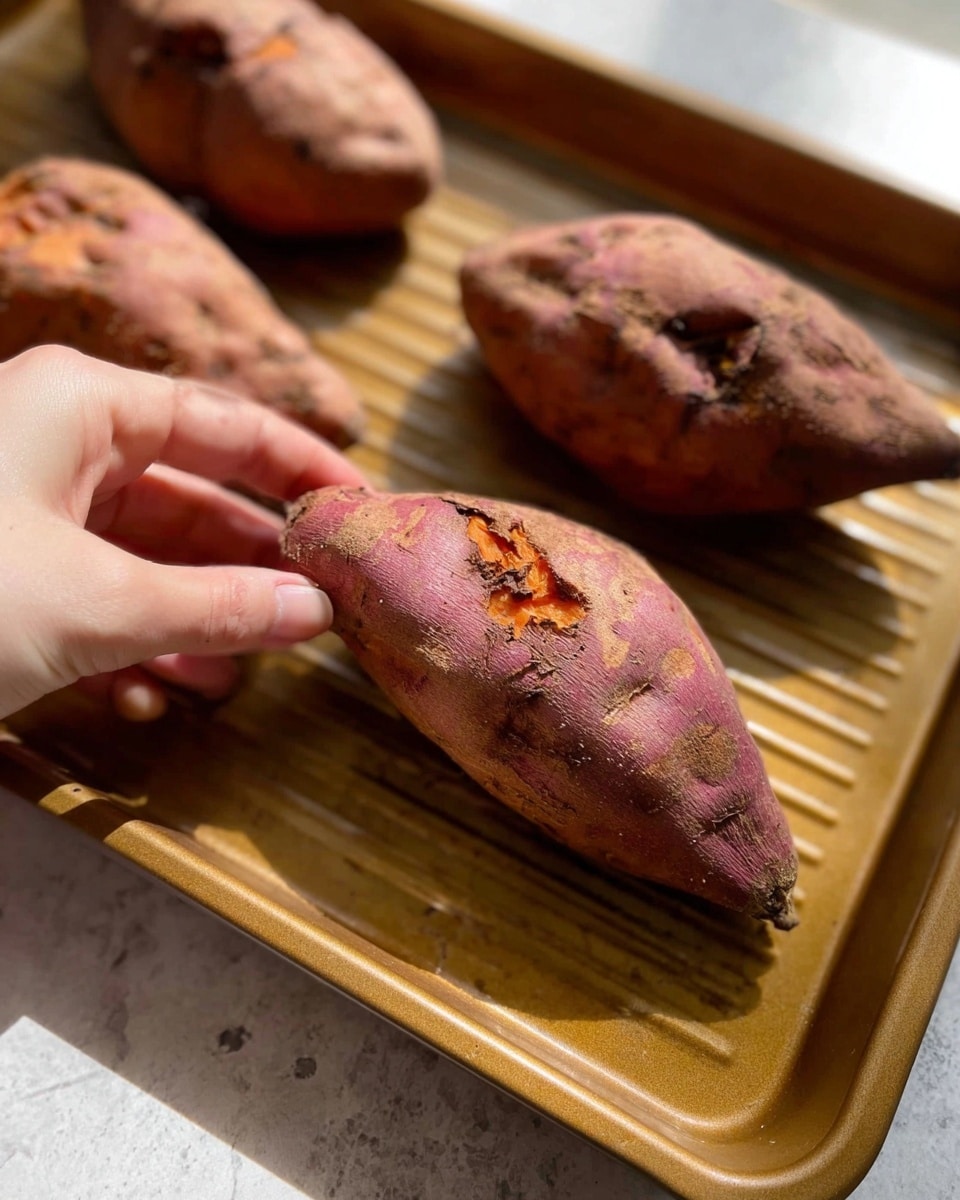 The image shows a close-up of several baked sweet potatoes with rough, wrinkled, brownish-purple skins on a beige metal baking tray with ridges. A woman's hand is gently holding one sweet potato in the center. The tray is set on a white marbled textured surface, and warm sunlight highlights the texture and colors of the sweet potatoes. photo taken with an iphone --ar 4:5 --v 7