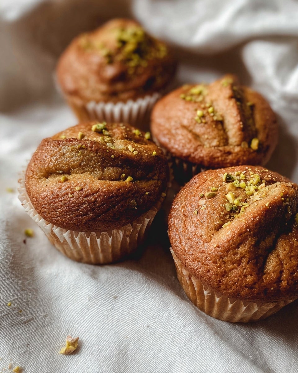 Four brown muffins are arranged closely on a white cloth with a soft texture. Each muffin has a wrinkled top with a golden-brown color and is sprinkled lightly with small green pistachio crumbs. One muffin is slightly in front, showing its ridged white paper liner, while the others are behind it, leaning against each other gently. The soft light enhances the warm, baked texture of the muffins and the cozy feel of the cloth beneath them. photo taken with an iphone --ar 4:5 --v 7