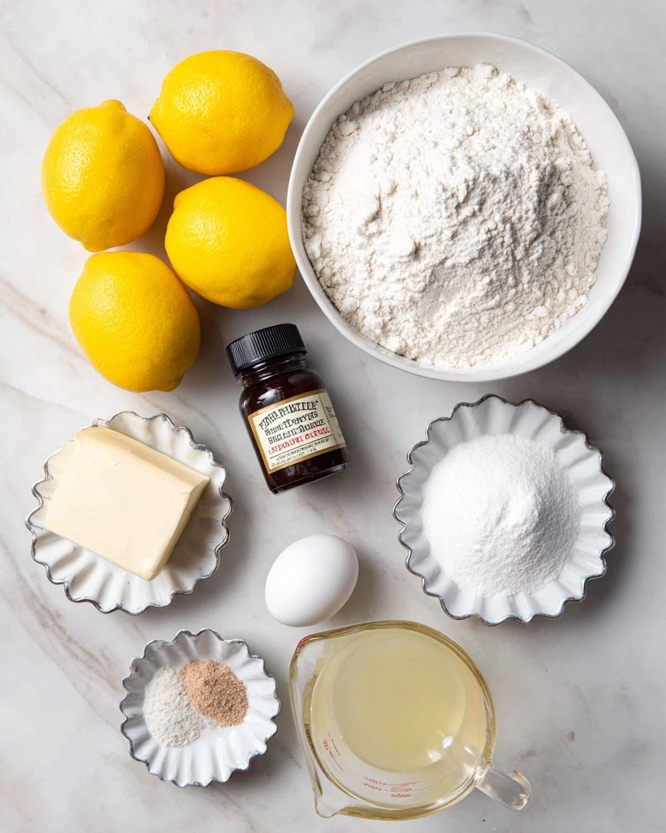 A top view of baking ingredients arranged neatly on a white marbled surface, including a large white bowl filled with white flour at the top center, three bright yellow lemons placed around a small dark brown bottle of vanilla bean paste in the middle, a white stick of unsalted butter on the bottom left, two white eggs just above the butter, and two small silver scalloped dishes holding a white powder and a light brown powder near the eggs. On the right side, a white scalloped bowl contains white granulated sugar and powdered sugar, and in the bottom center, a clear glass measuring cup filled with a pale yellow liquid is visible photo taken with an iphone --ar 4:5 --v 7