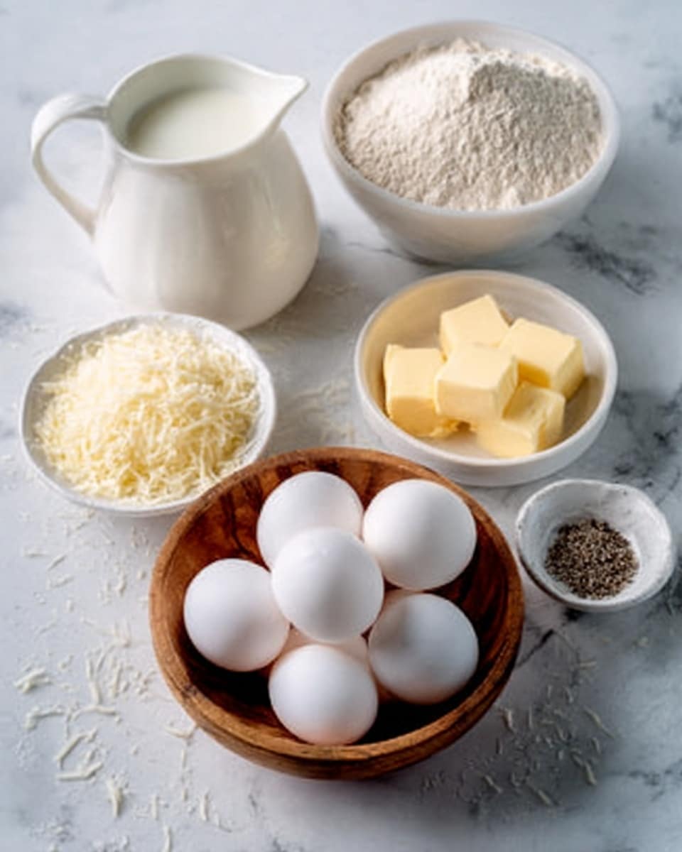 A group of white eggs sits in a wooden bowl in the foreground. Behind them, there is a white pitcher filled with milk next to a white bowl of light brown flour. To the right, there is a small white bowl with three blocks of butter, a smaller white bowl with a mound of grated cheese, and a tiny white bowl with black pepper. All items are placed on a white marbled surface. Photo taken with an iphone --ar 4:5 --v 7