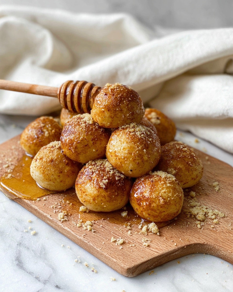 A wooden board is piled with round golden brown baked balls that have a slightly rough texture and a shiny glaze on top. Some crumbly pieces are sprinkled over the balls and the board, adding a light beige contrast to the rich golden color. A wooden honey dipper covered with honey rests on the pile, with honey dripping slightly onto the balls. Behind the board, a soft white cloth is softly folded, all placed on a white marbled surface photo taken with an iphone --ar 4:5 --v 7
