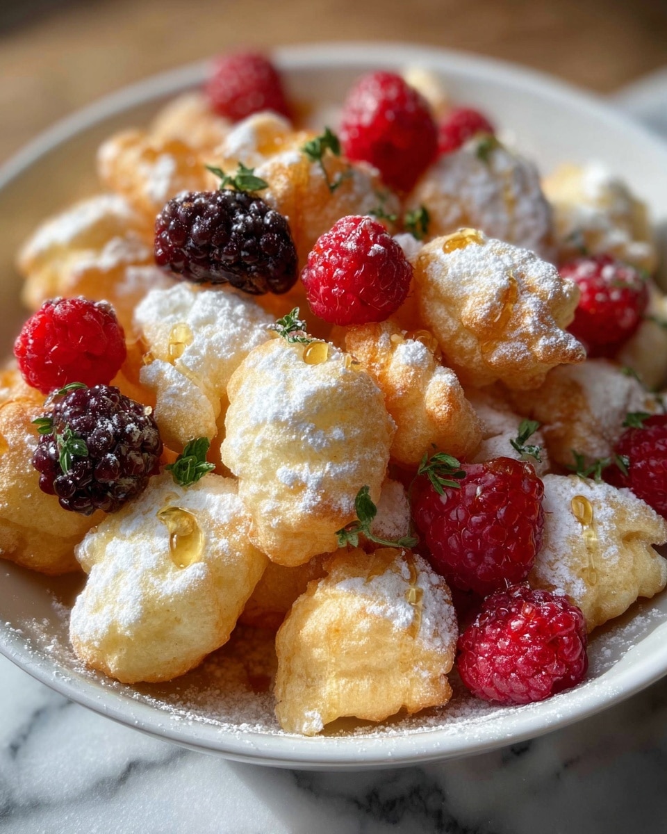 A white bowl filled with light golden and white fluffy puffed pieces dusted with white powdered sugar, scattered with fresh red raspberries and one dark purple blackberry, some small green leafy herbs are visible among the puffs and berries, golden drops of syrup glisten on top, all resting on a white marbled surface, photo taken with an iphone --ar 4:5 --v 7