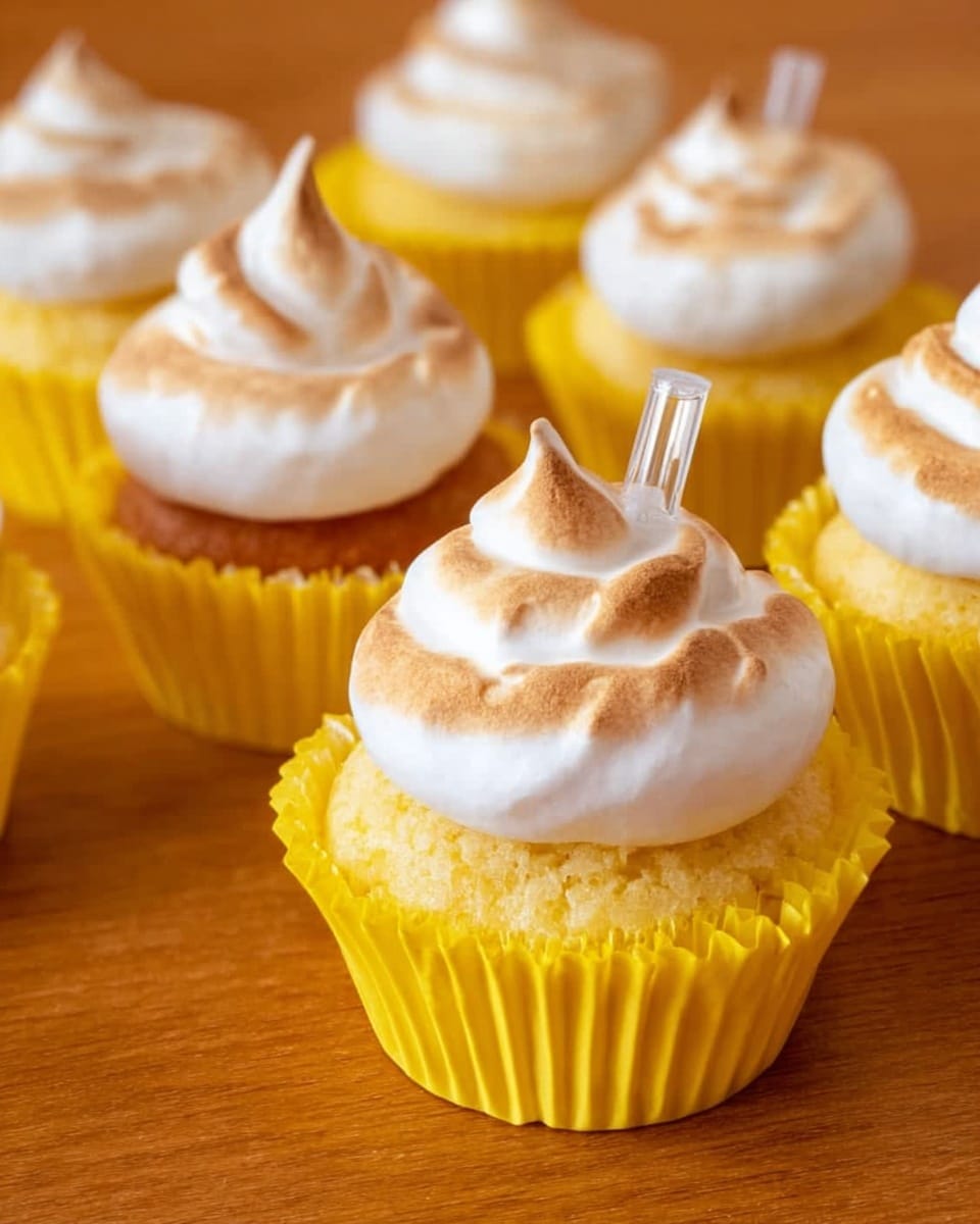 The image shows a close-up of small yellow cupcakes with a light golden color at the base. Each cupcake is in a bright yellow paper liner, and one cupcake is without the liner, revealing the textured golden cake. On top of each cupcake is a swirl of fluffy white meringue with a toasted light brown tip. A small clear plastic pipette filled with liquid is inserted at an angle into the meringue on each cupcake. The cupcakes are placed on a smooth light brown wooden surface that contrasts with the bright yellows and whites. photo taken with an iphone --ar 4:5 --v 7