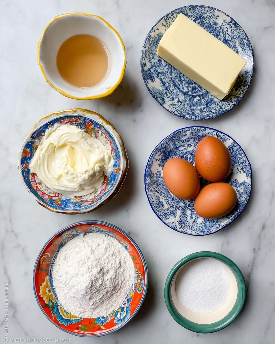 The image shows six small dishes and two brown eggs arranged on a white marbled surface. At the top left, a white bowl with yellow trim holds a light brown liquid, placed on a blue and white patterned small plate with some white powder next to it. To the right, a rectangle block of pale yellow butter sits on a similar blue and white plate. Below at left, a colorful patterned bowl contains thick white cream. Two brown eggs are placed in the middle center. On the right side, a small white bowl with a thin green rim holds white granulated sugar. At the bottom center, a blue and orange patterned bowl is filled with white flour. photo taken with an iphone --ar 4:5 --v 7