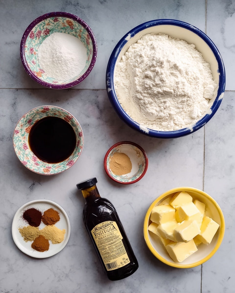 The image shows six separate ingredients arranged over a white marbled surface: a white bowl with a blue rim filled with white flour placed in the top right, a small white bowl with a yellow rim containing light brown sugar to the right below the flour, a small white bowl with a red rim holding cut yellow butter pieces near the bottom center, a small white bowl with a floral rim filled with dark brown liquid near the top left, a small white plate with a purple color holding three piles of spices in shades of light yellow, brown, and reddish brown in the bottom left, and a black bottle with a cream-colored label of vanilla extract lying horizontally in the center between the bowls photo taken with an iphone --ar 4:5 --v 7