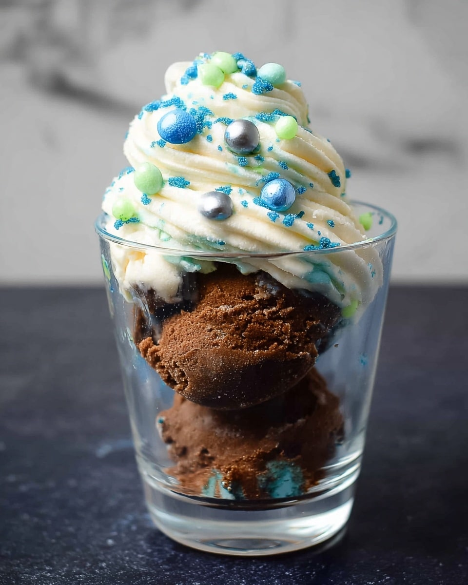 A clear glass cup holds two scoops of dark brown ice cream stacked inside. On top, there is a thick swirl of white cream with a smooth texture, decorated with small blue, green, and silver round sprinkles, as well as larger flat round sprinkle pieces in shades of blue and pale green. The cup is placed on a dark surface with a white marbled texture in the background. Photo taken with an iphone --ar 4:5 --v 7