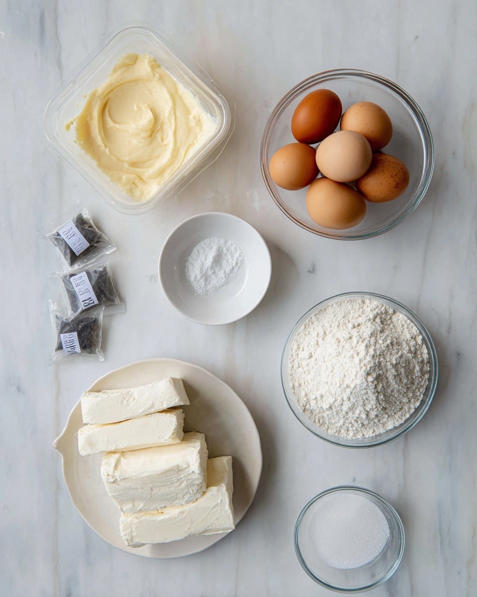 The image shows multiple cooking ingredients arranged on a white marbled surface. On the top right, there is a clear glass bowl containing five brown eggs. To the left of it, there is a plastic container with a creamy, pale yellow mixture. Below, there is a small round white dish with a pinch of salt and another small clear glass bowl filled with white flour. At the bottom right, there's a glass container with granulated white sugar. On the bottom left, a white plate holds three large blocks of soft white cheese. In the middle lower left area, there are five tea bags with dark contents and white paper tags. photo taken with an iphone --ar 4:5 --v 7