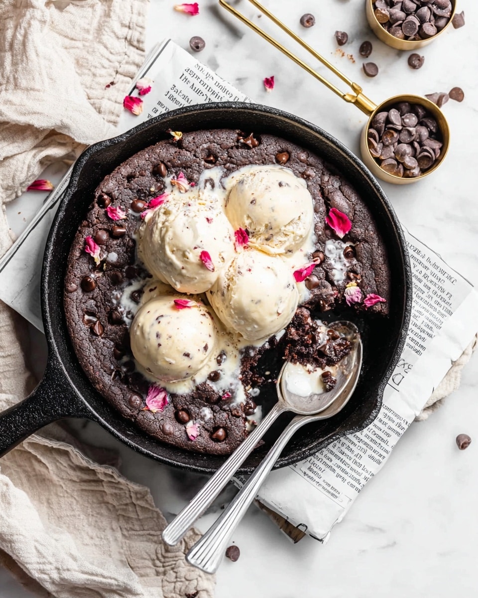 A round, dark chocolate cookie baked in a black cast iron skillet is topped with three round scoops of cream-colored ice cream that have slight melting spots. The cookie surface is studded with scattered dark chocolate chips and small pink petals, adding color contrast. Two silver spoons rest on the right side of the skillet, one partially scooping into the cookie revealing a moist interior with melted ice cream and chocolate chips. The skillet sits on a white marbled surface covered partially with a newspaper, alongside a small gold measuring cup filled with chocolate chips, loose chocolate chips, and soft beige cloth. Photo taken with an iphone --ar 4:5 --v 7