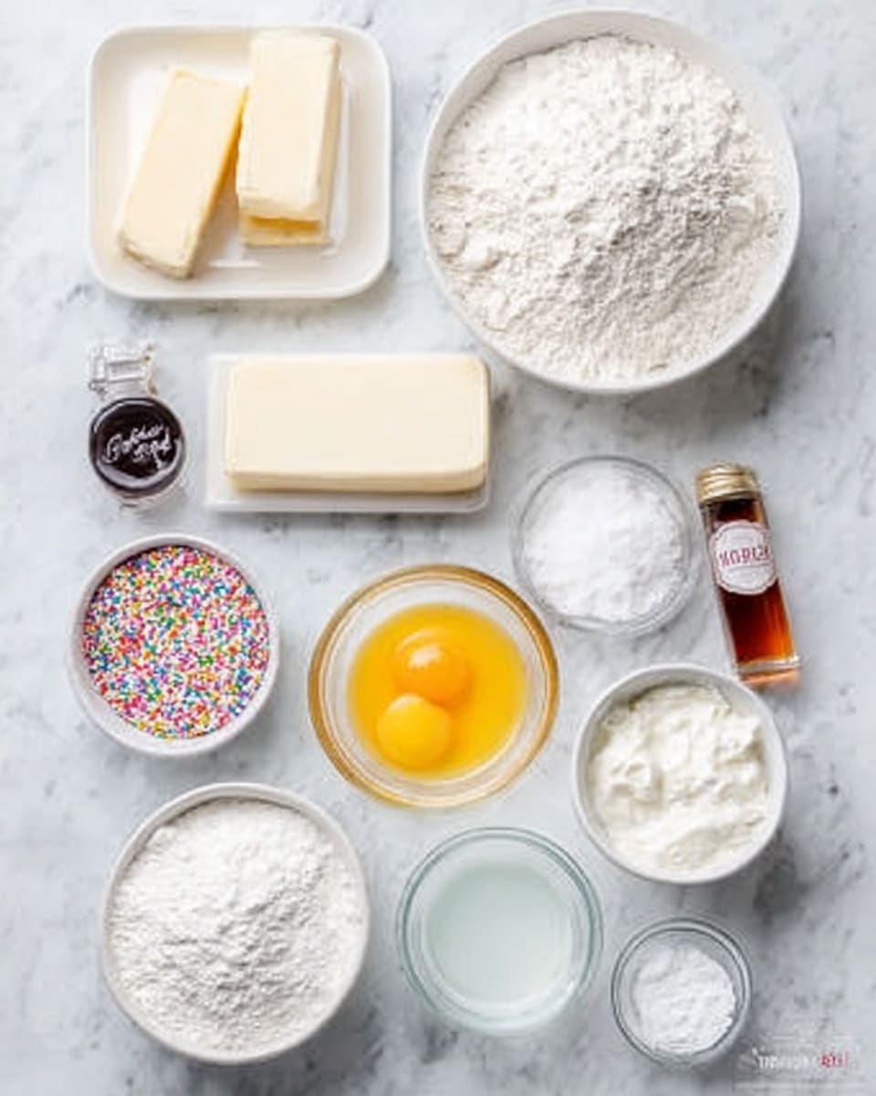The image shows an overhead view of a white marbled surface with neatly arranged baking ingredients in white bowls and small containers. At the top left, there is a white dish with two rectangular blocks of butter. To the right is a large white bowl filled with white flour. Below the butter and flour is a rectangular block of white cream cheese centered on the surface. A small glass bowl of yellow beaten egg sits to the right of the cream cheese. Two small bottles of vanilla extract, one with a dark brown liquid and the other with a lighter brown liquid, are placed near the bottom left. Below these is a small white bowl filled with colorful round sprinkles. A small white bowl of white sour cream and a white bowl of white powdered sugar are also visible on the surface. A clear glass of white liquid is located at the bottom. Every item is spaced evenly, creating a clean, organized look. Photo taken with an iphone --ar 4:5 --v 7