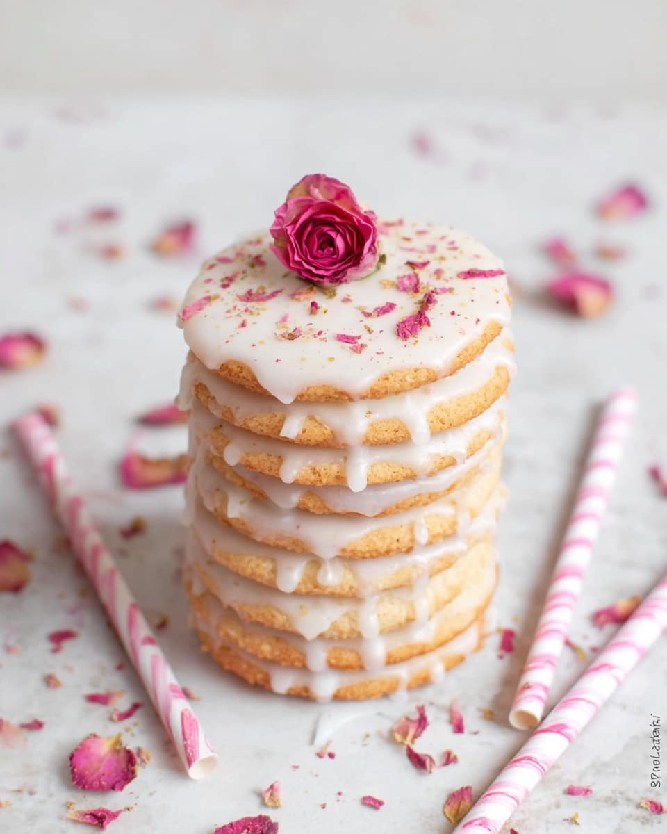 A tall stack of seven light golden-brown cookies with a smooth white glaze dripping down the sides. The top cookie is covered with white icing sprinkled with small pink dried rose petals and has one whole pink dried rose placed in the center. The stack sits on a white marbled surface scattered with more pink dried rose petals. Around the stack, there are several white paper straws with pink diagonal stripes lying flat. The scene is softly lit and the focus is on the cookie stack. photo taken with an iphone --ar 4:5 --v 7