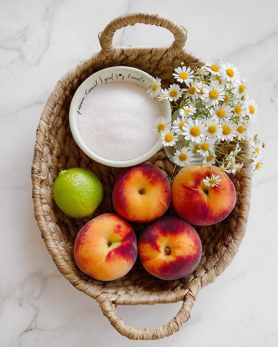 A woven basket with two handles holds several peaches, a half lime, a white bowl filled with granulated sugar, and a small glass jar with white and yellow chamomile flowers. The peaches show a mix of orange, red, and fuzzy textures arranged at the bottom and right side of the basket. The half lime, with its light green flesh and white rind, is placed in the lower left corner. The white bowl containing fine granulated sugar sits near the top left, with the sugar's smooth, grainy surface visible. The small glass jar of delicate chamomile flowers with white petals and yellow centers is placed at the top right corner of the basket. All items rest on a white marbled texture surface. photo taken with an iphone --ar 4:5 --v 7