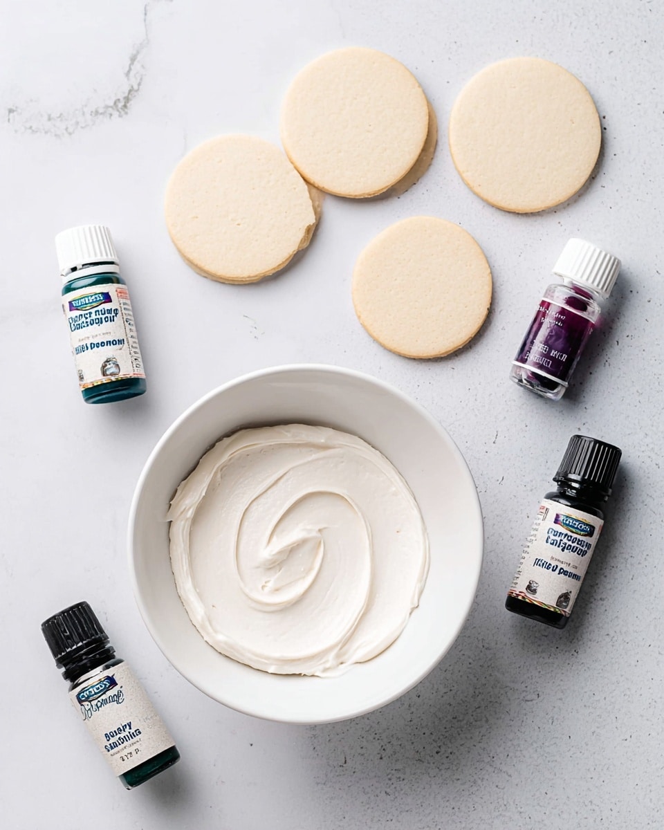 The image shows a white bowl filled with smooth, white frosting placed on a white marbled surface. Around the bowl are five round sugar cookies, light beige in color, evenly spaced. There are three small bottles of food coloring nearby: one small bottle with dark purple food coloring standing upright next to the bowl, one smaller bottle with dark green food coloring lying on its side near the bottom left, and one larger bottle with black food coloring standing near the bottom right. The overall setting looks clean and bright. photo taken with an iphone --ar 4:5 --v 7