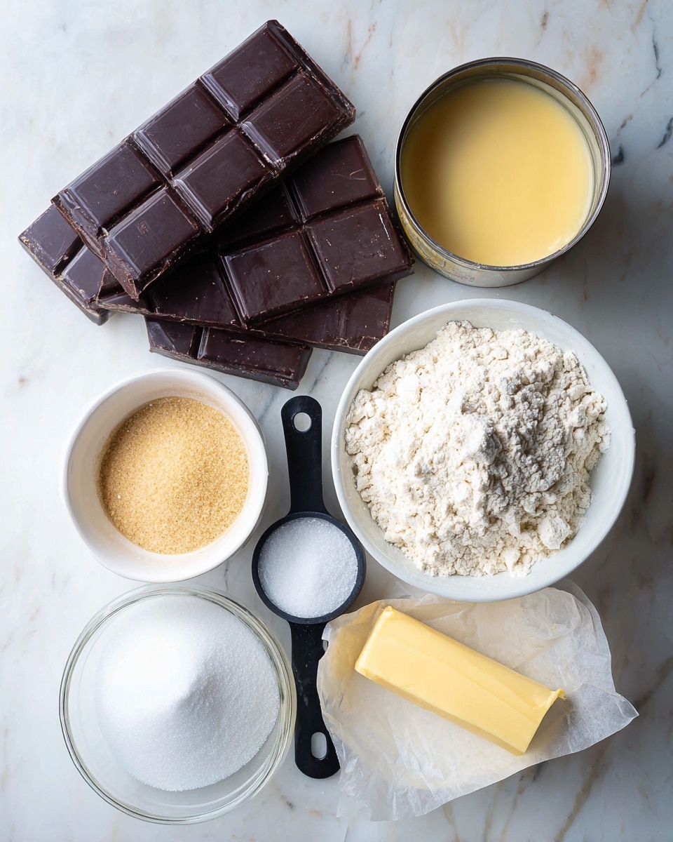 The image shows various baking ingredients arranged on a white marbled surface. There is a large block of dark brown chocolate with visible sections, a stick of pale yellow butter partially wrapped in paper at the bottom right, and three white bowls filled with different powders and liquids: one with white flour, one with a clear liquid, and one with a light yellow liquid. A black measuring cup contains light brown brown sugar, and next to it, an open can reveals smooth, creamy golden condensed milk. A small clear glass bowl holds white granulated sugar. All items are neatly placed for easy visibility, and the lighting is soft and natural. photo taken with an iphone --ar 4:5 --v 7