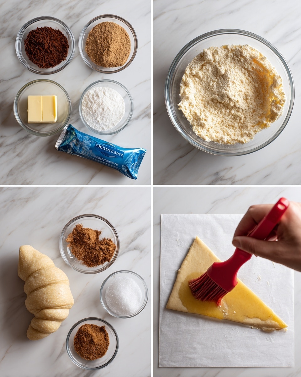 The image shows four parts of a baking recipe on a white marbled surface. The first part displays five clear glass bowls arranged in a rough circle: one filled with dark brown powder, another with light brown sugar, one with white granulated sugar, one with a small square of yellow butter, and a sealed blue tube of crescent rolls placed beside them. The second part focuses on a clear glass bowl containing a layered mix of light brown sugar and dark brown powder, placed against the white marbled background. The third part shows a triangular piece of pale dough on a white square paper, with three small glass bowls nearby holding cinnamon sugar, a brown powder, and melted yellow butter. The fourth part captures a woman's hand holding a red silicone brush applying melted butter over the triangular dough piece, all set on the white marbled texture. photo taken with an iphone --ar 4:5 --v 7