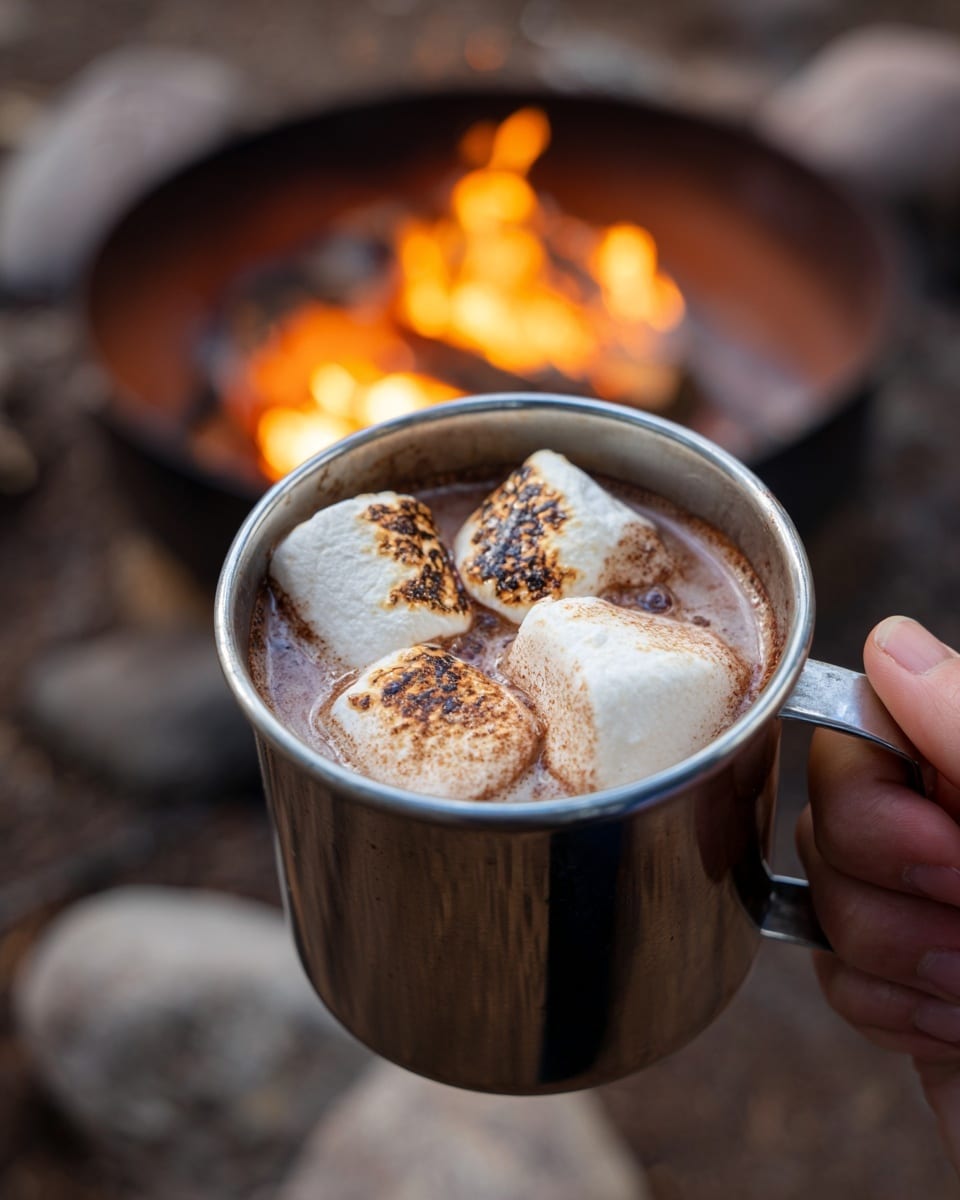 A woman's hand holds a silver metal mug filled with hot chocolate, topped with three toasted marshmallows that have a light brown, slightly charred texture. The background shows a campfire with orange flames and burning logs, surrounded by a metal fire pit. The scene is set outdoors with a blurred glimpse of trees and ground. The focus is on the mug and its warm, creamy drink. Photo taken with an iphone --ar 4:5 --v 7