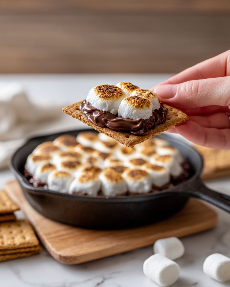A woman's hand holds a rectangular golden-brown cracker layered with a shiny melted dark chocolate piece and toasted white marshmallow, with the marshmallow slightly gooey and browned on top; in the background, a black cast iron pan filled with evenly browned toasted marshmallows arranged in a circular pattern over a dark base is visible, sitting on a white marbled texture surface, around which more golden-brown rectangular crackers and white marshmallows are scattered. photo taken with an iphone --ar 4:5 --v 7