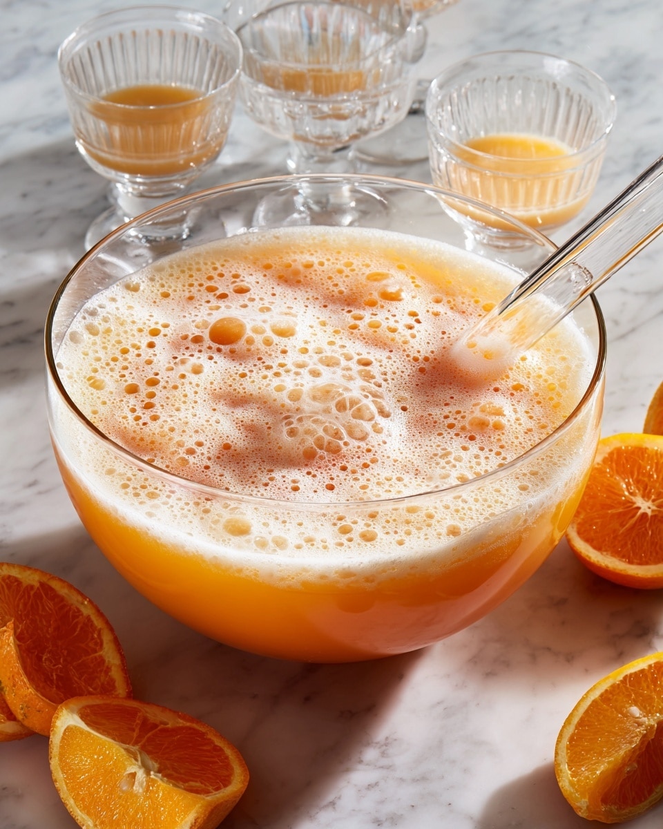 A large clear round glass bowl filled with a three-layered orange drink shows the bottom layer as a smooth pale orange liquid, the middle layer a slightly lighter orange foam with bubbles rising upwards, and the top layer a thick, frothy cream-colored foam with small holes and texture. Two transparent straws stick out from the top of the bowl. The bowl sits on a white marbled surface with several clear drinking glasses and a white tray holding two small filled white glasses in the background. Several orange slices are placed on the bottom right of the surface. Photo taken with an iphone --ar 4:5 --v 7