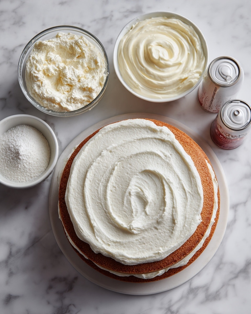 The image shows round vanilla cake layers stacked with smooth, thick white cream between each layer, forming a neat ring shape. The cake’s top is spread with an even layer of white cream, swirled gently to add texture. Two containers of cream cheese, a big bowl of white whipped topping, two cans of white creamy frosting, a small bottle of red vanilla flavor, and a bowl of white powdered sugar are arranged around the cake. Everything is placed on a white marbled surface. Photo taken with an iphone --ar 4:5 --v 7