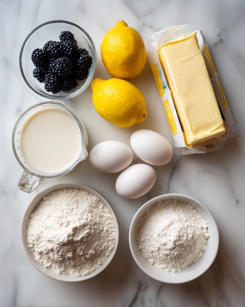 The image shows a neatly arranged set of ingredients on a white marbled surface, including three bright yellow lemons grouped at the top center, next to a stick of unsalted extra creamy butter wrapped in yellow and white paper on the top right. Below the lemons, there are two white eggs sitting side by side. To the left of the eggs is a clear glass measuring cup with a white liquid, likely milk. Near the top left corner is a small clear bowl filled with dark blackberries. On the bottom left, a medium white bowl contains white flour, and beside it to the right is another white bowl filled with powdered sugar. A small clear bowl with a white powder, presumably baking powder or baking soda, is placed closer to the left edge, just above the flour bowl. Everything is set neatly and ready for baking preparation. Photo taken with an iphone --ar 4:5 --v 7