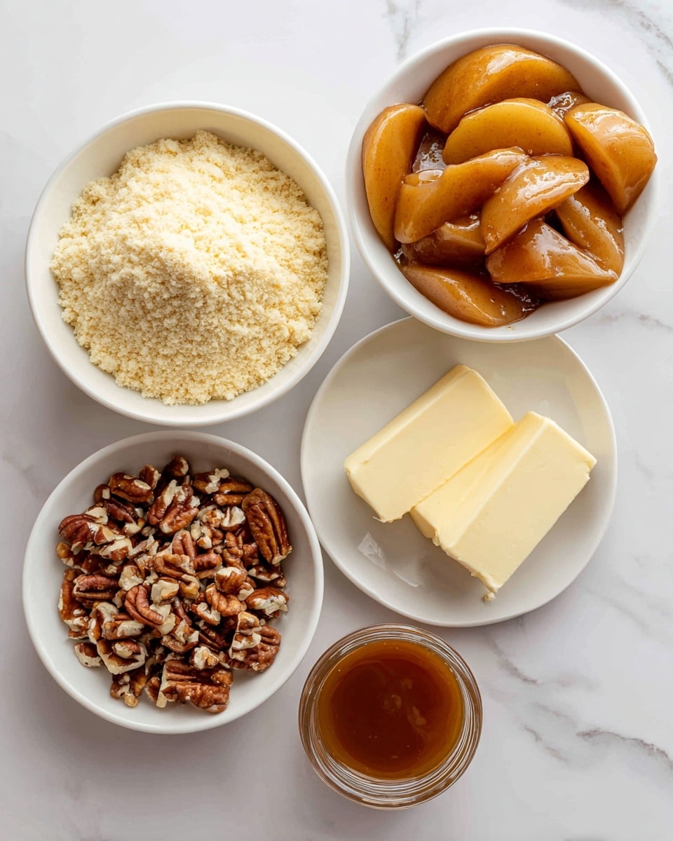 The image shows five containers of baking ingredients arranged on a white marbled surface. Starting from the top right, there is a white bowl filled with glossy, golden-brown caramel-coated apple slices, smooth and shiny. On the left, a larger white bowl holds pale yellow crumbly flour with a slightly rough texture. Below it, a smaller white bowl contains chopped pecans with a mix of light brown and dark brown pieces. To the right of the nuts, on a white plate, there are two pieces of pale yellow butter, one longer stick and one smaller block, both smooth and solid. At the bottom right corner, there is a small jar with a rich golden-brown liquid, likely caramel sauce, that appears thick and glossy. The composition is neat and each ingredient is clearly visible. photo taken with an iphone --ar 4:5 --v 7