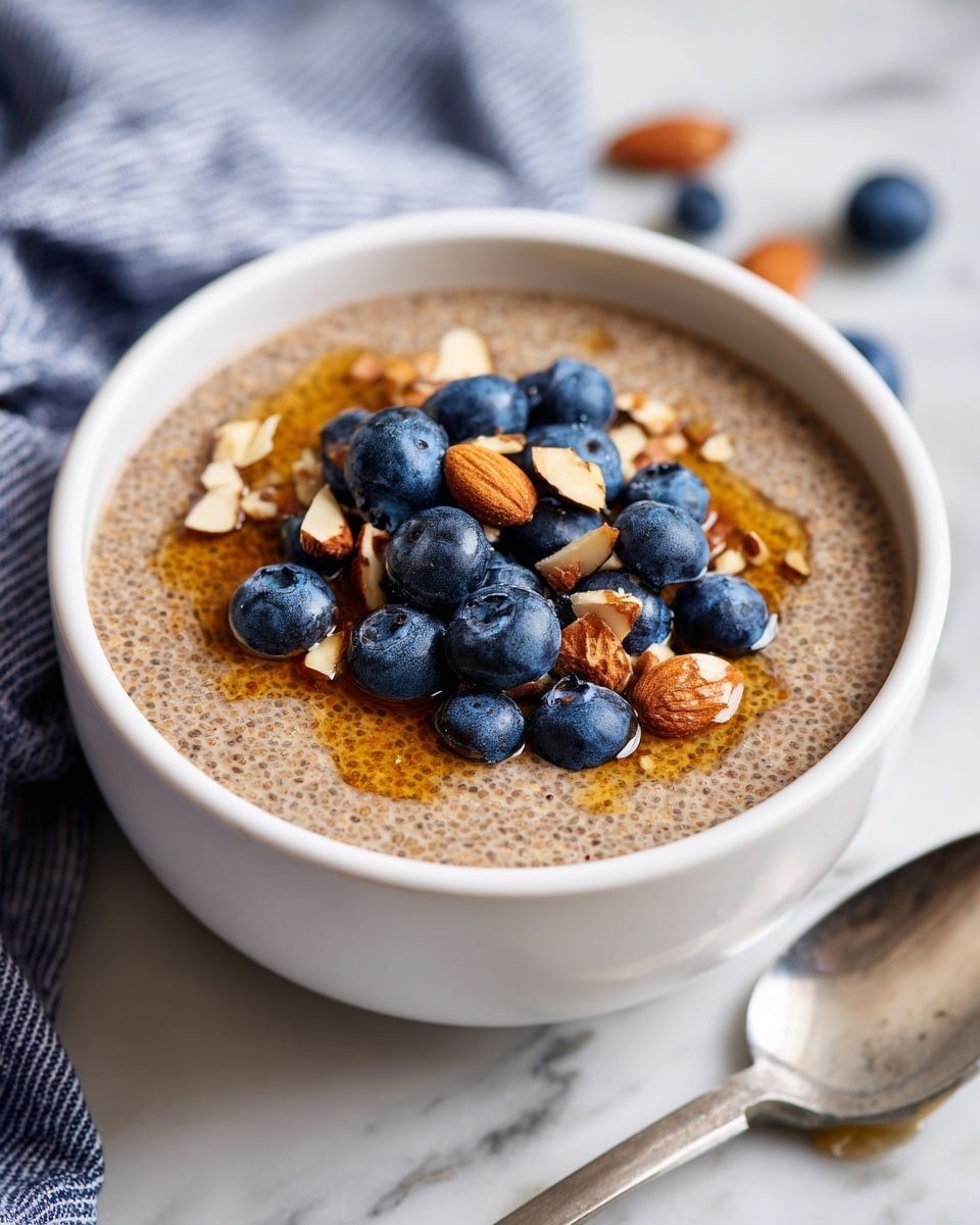 A white bowl filled with a thick layer of light brown chia pudding, showing the tiny chia seeds throughout in a gel-like texture. On top, there is a small pile of dark blue, round blueberries scattered over the center with some small pieces of chopped almonds mixed in. A light drizzle of golden syrup adds a shiny touch around the blueberries. The bowl sits on a white marbled surface with a spoon and a fork to the top left, loose blueberries, a small bowl of chopped almonds, and a small scalloped bowl of blueberries around it. photo taken with an iphone --ar 4:5 --v 7
