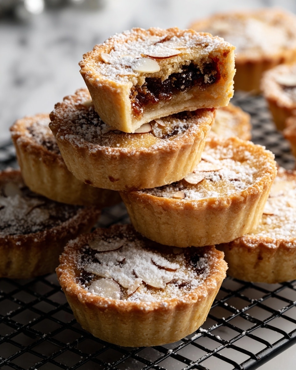 The image shows several small round tarts with a golden brown crust arranged closely on a dark cooling rack over a white marbled texture. Each tart has a lightly textured top layer with a crimped edge, sprinkled with white powdered sugar and topped with thin, beige almond slices. One tart in the center is partially open, revealing a dark, glossy filling inside, contrasting with the light crust. The tarts have a slightly uneven surface and a soft, baked look with a crispy finish. Photo taken with an iphone --ar 4:5 --v 7