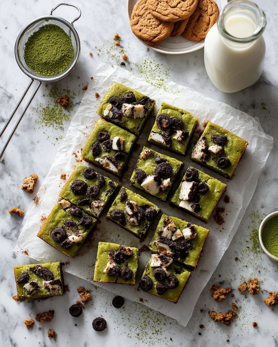 The image shows a group of green brownies cut into rectangular pieces arranged closely together on a white marbled surface. Each brownie has a rough, textured top layer with bits of black and white cookies embedded, mostly halved or broken into pieces, creating a contrasting pattern. One brownie is slightly lifted to reveal the soft, dense interior, showing a thick dark layer in the middle and cookie chunks inside. The surface has a light sprinkling of green powder over the brownies and the white marble. The overall look is colorful with a mix of green, dark brown, and white tones. Photo taken with an iphone --ar 4:5 --v 7