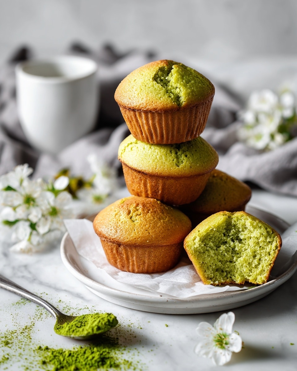 Four small green muffins with a slightly brown edge are stacked on a piece of white paper on a white plate. The plate sits on top of a larger white plate. The muffins have a rough texture on top and are bright green inside, with one muffin broken to show the inside. Around the plates are a spoon with green powder, some small white flowers, and a light gray cloth on a white marbled surface. A white cup is blurred in the background. photo taken with an iphone --ar 4:5 --v 7