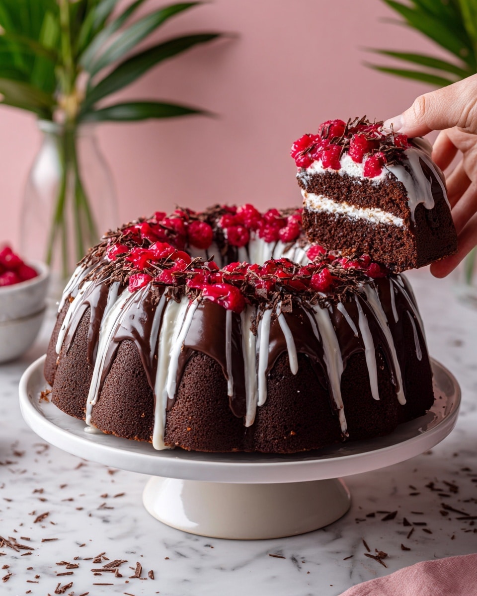 A round chocolate cake with a dark shiny glaze is placed on a white scalloped cake stand. The cake has thick white icing stripes running from the top center down the sides evenly spaced. On top of the cake, there is a row of bright red frozen berries, possibly cranberries, covered lightly with frost, with some small chocolate shavings scattered around them. A slice is being lifted by a woman's hand holding a silver cake knife, showing the rich dark brown inside of the cake with a thin layer of white icing on top. The background is soft pink, and there are green leaves and plants in glass jars placed behind the cake on a white marbled surface. Photo taken with an iphone --ar 4:5 --v 7