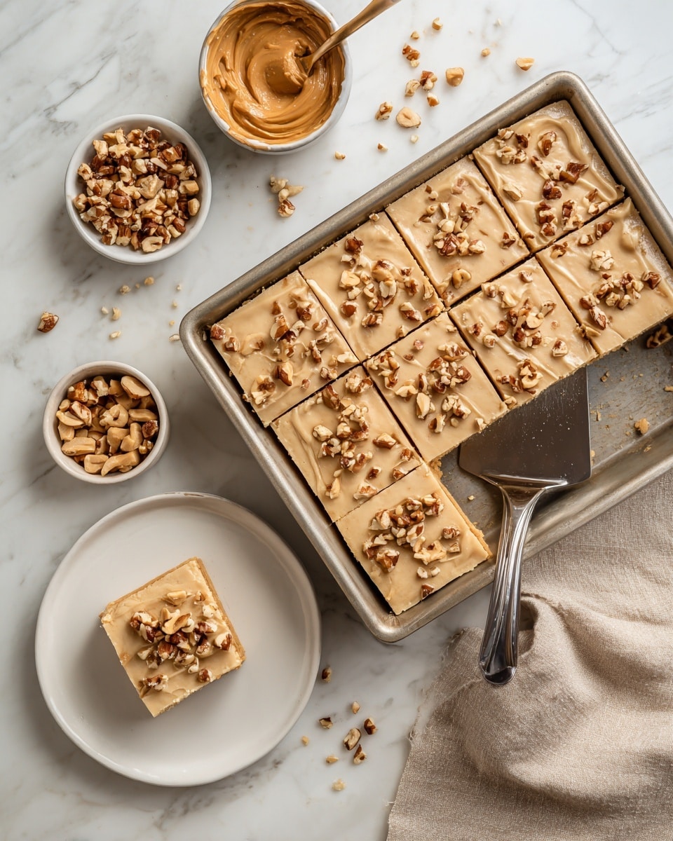 A square piece of peanut butter cake sits on a white round plate with two clear layers: a thick, light brown, smooth frosting on top and a golden, moist cake layer below; the frosting is topped with small chopped peanuts in the center. To the right, a fork holds a bite-sized piece showing the same two layers. Around the plate are scattered peanuts and crumbs. Behind the plate is a white bowl filled with smooth peanut butter, with a spoon resting beside it on a white marbled surface. The setting has soft natural light and a beige cloth is partly visible on the right side. photo taken with an iphone --ar 4:5 --v 7