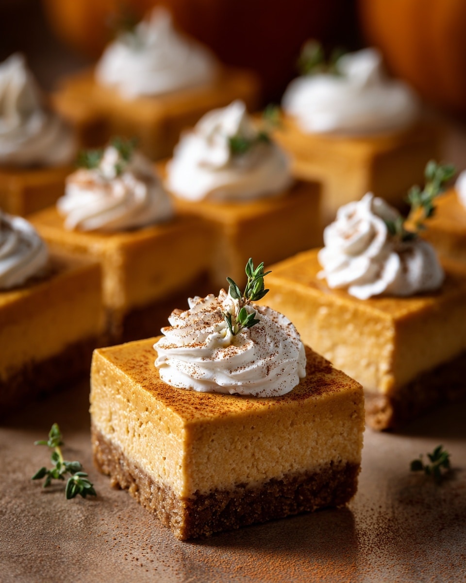 This image shows several square-shaped pumpkin mousse cakes placed on a brown surface. Each cake has two layers: a thick, smooth, and creamy light orange pumpkin mousse layer on top and a thin, crumbly brown crust layer at the bottom. On top of each cake is a swirl of white whipped cream sprinkled with a light dusting of cinnamon and finished with a small green herb garnish. The background features a soft, warm light that adds a cozy feeling. photo taken with an iphone --ar 4:5 --v 7