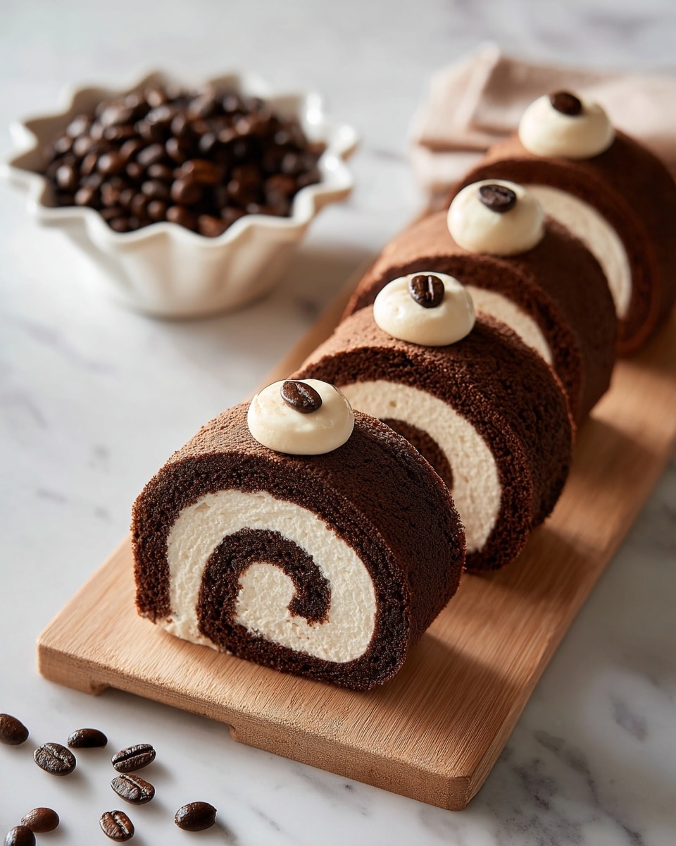 A close-up view of a chocolate roll cake on a white marbled surface, featuring two thick, swirled layers: a dark brown outer cake layer and a light cream-colored inner filling, forming a spiral pattern. One slice is being held by a woman's hands above the remaining roll which lies flat, showing clear, soft textures for both the cake and filling. Each slice is topped with a small swirl of light brown cream and a single dark coffee bean. The background softly blurs kitchen elements with warm tones. photo taken with an iphone --ar 4:5 --v 7