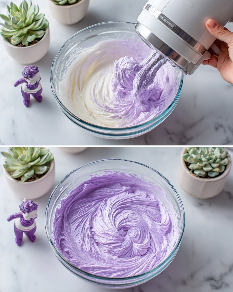 Two images side by side show a glass bowl on a white marbled surface, with a woman's hand holding a white electric mixer in the left image. Inside the bowl, there is a mix of white cream and light purple liquid that is being whipped together, creating a swirled texture. The right image shows the same glass bowl filled with smooth, fluffy whipped purple cream with a swirl pattern on top. In the background, white pots with green plants and two small animal figurines in purple clothes are visible. Photo taken with an iphone --ar 4:5 --v 7