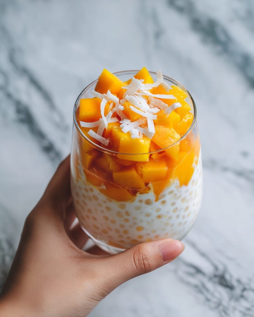 A clear double-walled glass shows three layers: the bottom layer is white with small round tapioca pearls, the middle layer has chunks of bright yellow mango, and the top layer has thin, light beige coconut flakes scattered on the mango cubes. A woman's hand is gently holding the glass from behind, and the glass sits against a white marbled surface with a soft, blurry light gray background. photo taken with an iphone --ar 4:5 --v 7