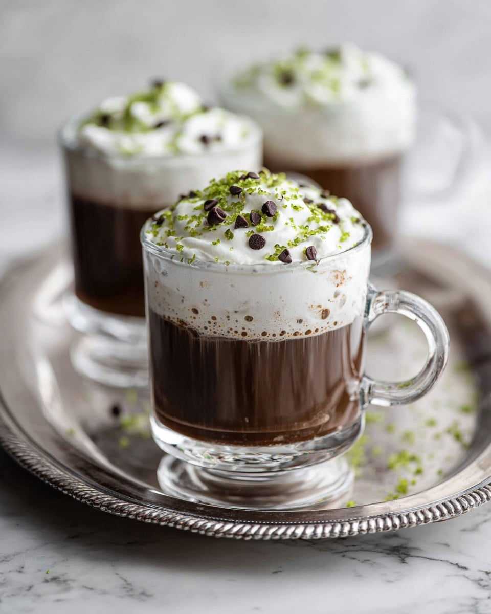 The image shows a clear glass mug filled with dark coffee, topped with a thick layer of white whipped cream. On top of the whipped cream, there are small dark chocolate chips and bright green sprinkles scattered evenly. The glass mug is placed on a reflective silver tray, with a blurred background showing another similar glass. The entire scene rests on a white marbled surface. Photo taken with an iphone --ar 4:5 --v 7