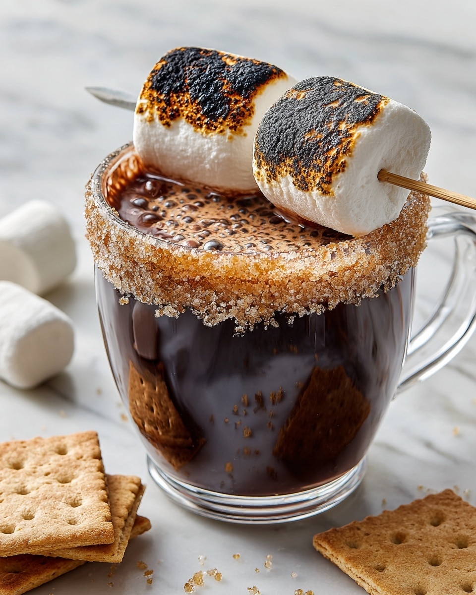 A clear glass cup with a thick base filled with dark brown hot chocolate. The rim of the cup is coated with light brown crushed graham cracker crumbs. A wooden skewer rests horizontally on top of the cup, holding three toasted marshmallows in a row, each one sharply burnt black on one side and creamy white on the other. Below, on a white marbled surface, there are two rectangular pieces of light brown graham crackers and one white marshmallow near the bottom right corner. Photo taken with an iphone --ar 4:5 --v 7
