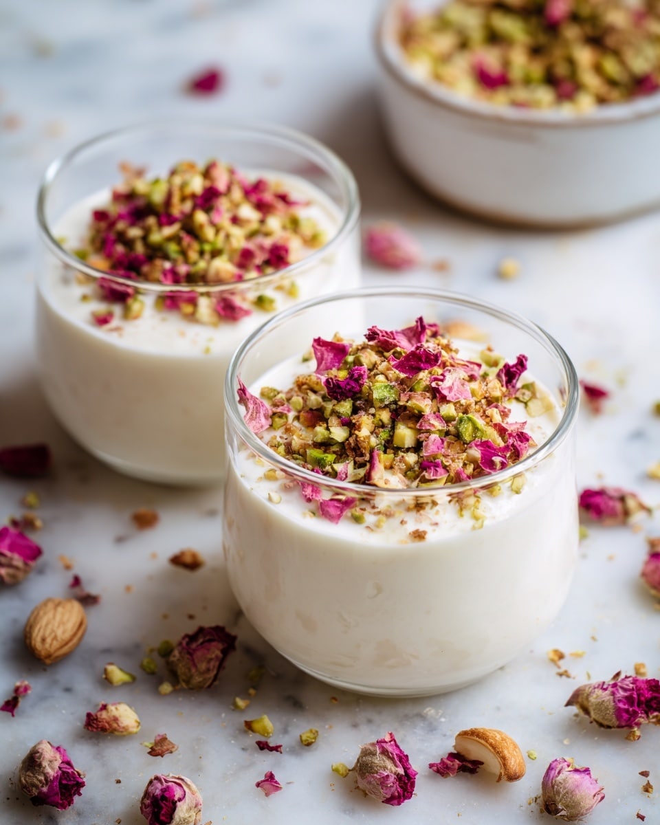 The image shows two clear glass bowls filled with a smooth, creamy white pudding. Each bowl is topped with a small layer of crushed green pistachios and dried pink rose petals that add a pop of color and texture. The bowls sit on a white marbled surface with scattered pieces of pistachios and rose petals around them. The background is softly blurred, keeping the focus on the front bowl. photo taken with an iphone --ar 4:5 --v 7