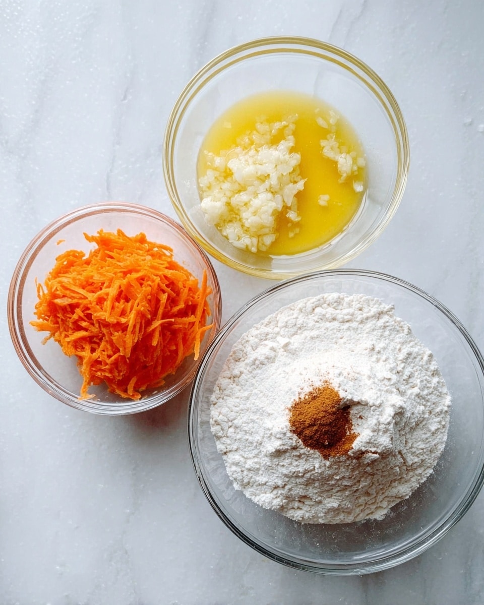 The image shows three clear glass bowls on a white marbled surface. The largest bowl on the right contains white flour piled up with a small amount of brown cinnamon on top. The top bowl has a yellow liquid, possibly melted butter or oil, with some finely chopped white onions or garlic floating on it. The smallest bowl on the left holds shredded orange carrots. The light shines softly on the bowls, making the colors and textures clear. Photo taken with an iphone --ar 4:5 --v 7