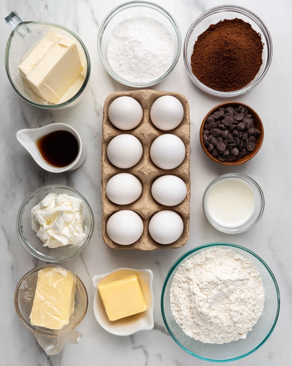 A top view of different baking ingredients arranged neatly on a white marbled surface, including a clear measuring cup of cream in the top left, a block of cream cheese partially wrapped beneath it, and a small white bowl with dark vanilla extract below. There is a glass bowl with white powdery sugar and another with cocoa powder to the upper right, along with a wooden bowl containing a small amount of salt, and a glass bowl filled with dark chocolate chips in the center. Six white eggs are placed in a wooden tray in the middle, with a small white bowl of egg whites to the right of the eggs. At the bottom, a glass bowl holds flour to the left, a small white bowl with yellow butter in the center, and a large glass bowl filled with white sugar on the right. photo taken with an iphone --ar 4:5 --v 7