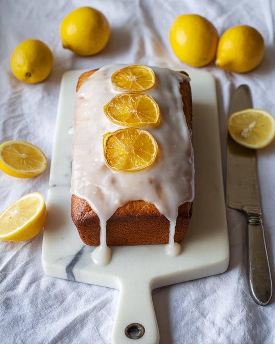 A rectangular, golden-brown cake sits on a white marbled cutting board with a white handle. The top of the cake is covered with shiny white icing that drips unevenly down the sides. Three thin slices of candied lemon, showing a translucent yellow with visible seeds, are placed neatly in a vertical line on the icing. Surrounding the board are whole and halved bright yellow lemons, placed on a soft white cloth. To the right side, a silver knife lies flat on the white marbled surface. photo taken with an iphone --ar 4:5 --v 7